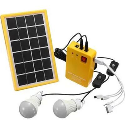 a yellow solar panel with two light bulbs and a charger