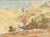 une aquarelle représentant un paysage de montagne avec des moutons