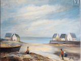 an oil painting of people on the beach with boats in the water