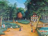 un tableau représentant des personnes sur un sentier dans un parc
