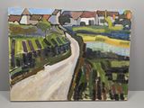 une peinture à l'huile représentant une route de campagne avec, en arrière-plan, des maisons et des champs