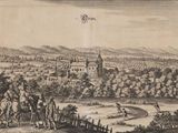 drawing of a view of a town with a horse drawn carriage in the foreground and a castle in the distance