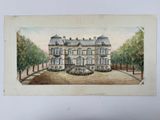 tableau représentant une grande maison avec une fontaine devant