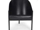 the back of a black chair with a black leather seat
