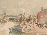 une aquarelle représentant une scène de port avec des bateaux sur l'eau