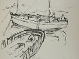 dessin représentant un bateau amarré à un quai, avec des personnes debout à bord
