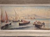 an image of a painting of boats in a body of water with a mountain in the background