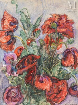 a painting of flowers in a vase on a table
