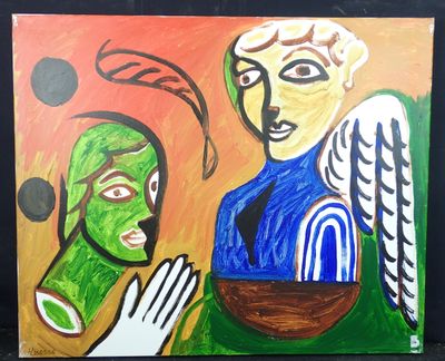 tableau représentant un ange et une femme tenant un bol de nourriture