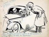 drawing of a man in a hat and coat looking at a car