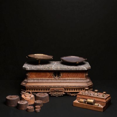 an assortment of wooden objects including a box, tray, and other items