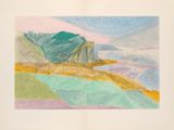 drawing of a landscape with mountains and a body of water in the foreground