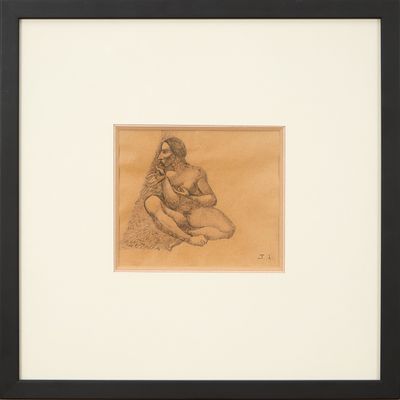 dessin représentant une femme nue assise à genoux, dans un cadre noir