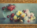 a painting of roses in a vase on a table