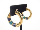 pair of gold tone hoop earrings with blue and green beads