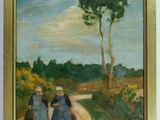 an oil painting of two women walking down a dirt road