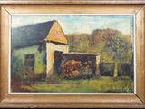 une peinture à l'huile représentant une grange dans un champ, avec une clôture