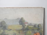 an oil painting of a farm scene with a red barn in the distance
