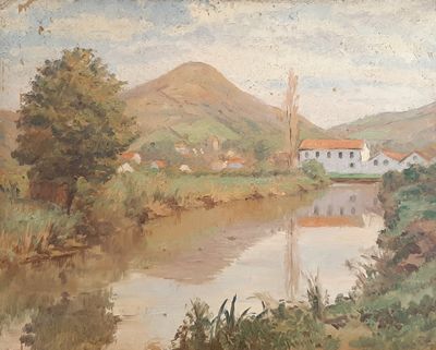 une peinture représentant une rivière avec une maison en arrière-plan