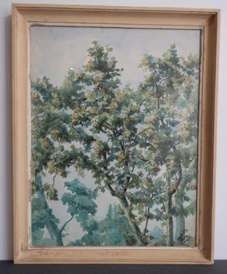 an oil painting of a tree in a frame on a table