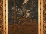 a painting of a wooded landscape with trees in the foreground