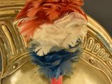 an image of a gold chair with a red, white, and blue feather on it