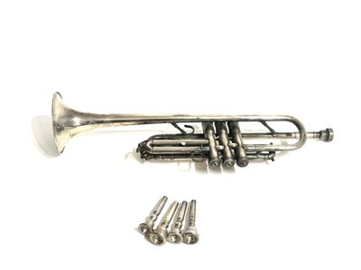 an image of a silver trumpet sitting next to a bunch of screws