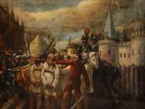 painting of a group of men standing in front of a castle