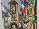 an oil painting of a city street with a clock tower in the background