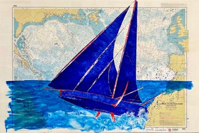 painting of a blue sailboat in the middle of the ocean with a map in the background
