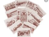 several old postcards of people and buildings on a white surface