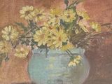 a painting of yellow flowers in a blue vase on a table