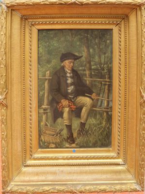 painting of a man sitting on a bench in a park