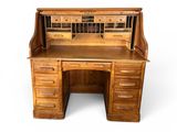 an image of a wooden desk with drawers and a desk top
