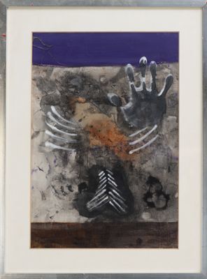 painting of two hands and a tree in a frame on a wall