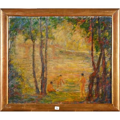 une peinture à l'huile représentant deux personnes dans un environnement boisé, avec des arbres