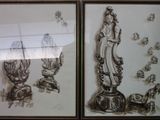 two framed pictures of a statue of a woman on a pedestal