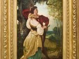 une peinture à l'huile représentant une femme tenant un enfant dans un décor boisé