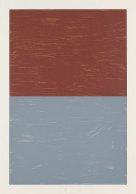 an image of a red and blue painting on a white wall