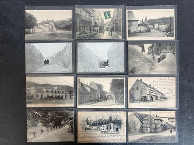 several old black and white photographs of buildings and people on a street