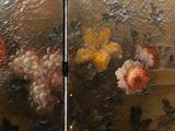 a painting of flowers on a table with a vase on it