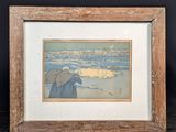 painting of a man and a woman on the beach with a dog