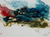 représentation d'une peinture abstraite bleue et rouge sur un papier blanc