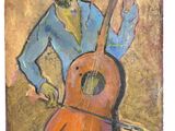 an oil painting of a man holding a guitar in his right hand