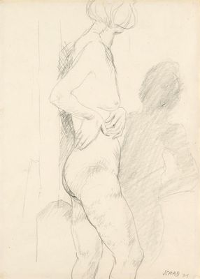 a drawing of a woman standing in front of a mirror