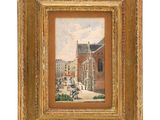 an oil painting of a street scene with people walking down the street