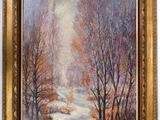 une peinture d'un paysage enneigé avec des arbres au premier plan