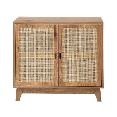 une armoire en bois avec une porte en rotin et deux portes