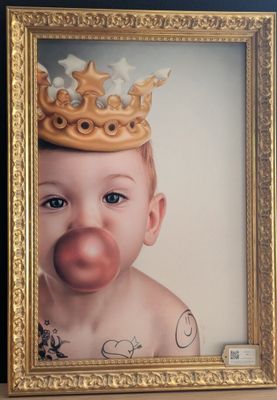 painting of a baby wearing a crown with a bubble in it ' s mouth