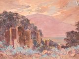 une peinture à l'huile d'un paysage avec une montagne en arrière-plan
